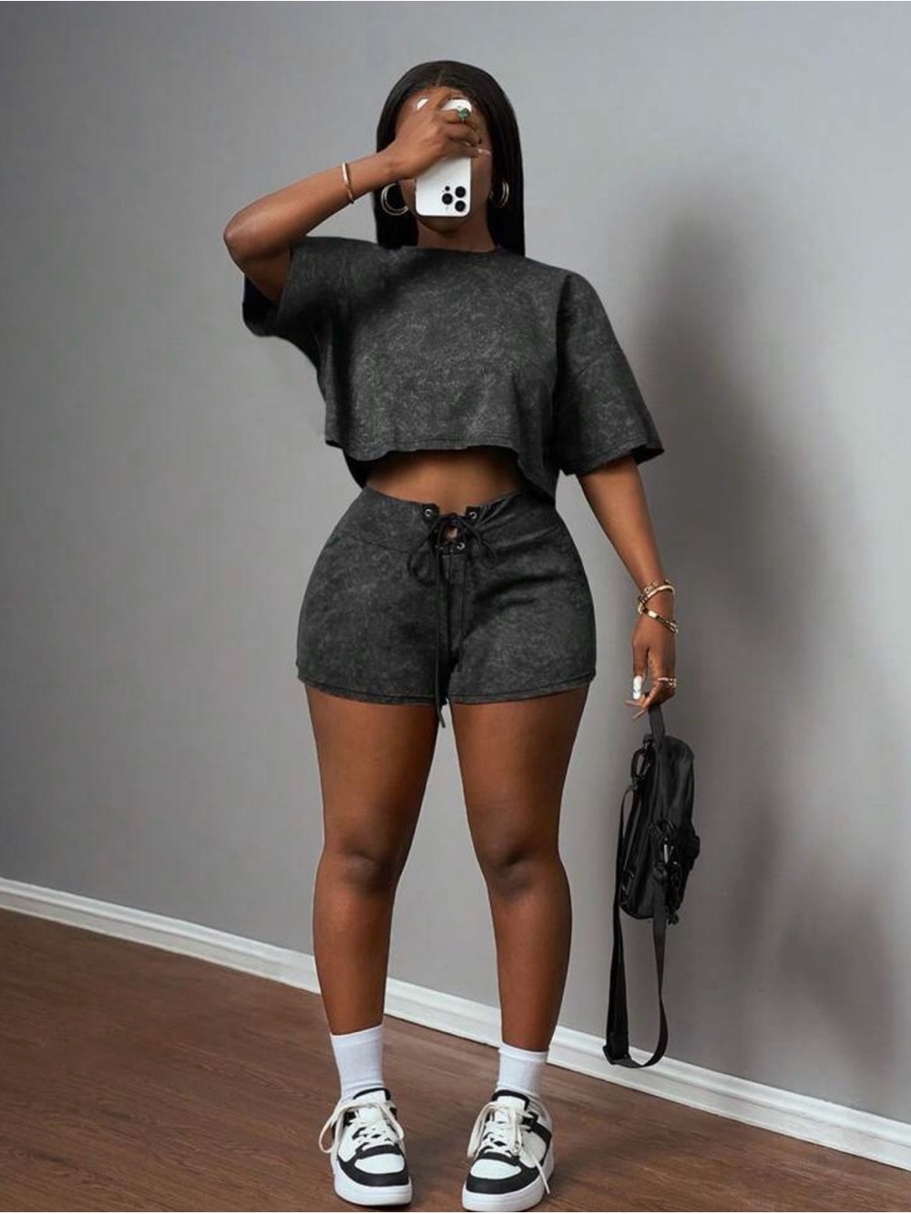 SHEIN Washed Black Lace-Up Athletic Lounge Shorts